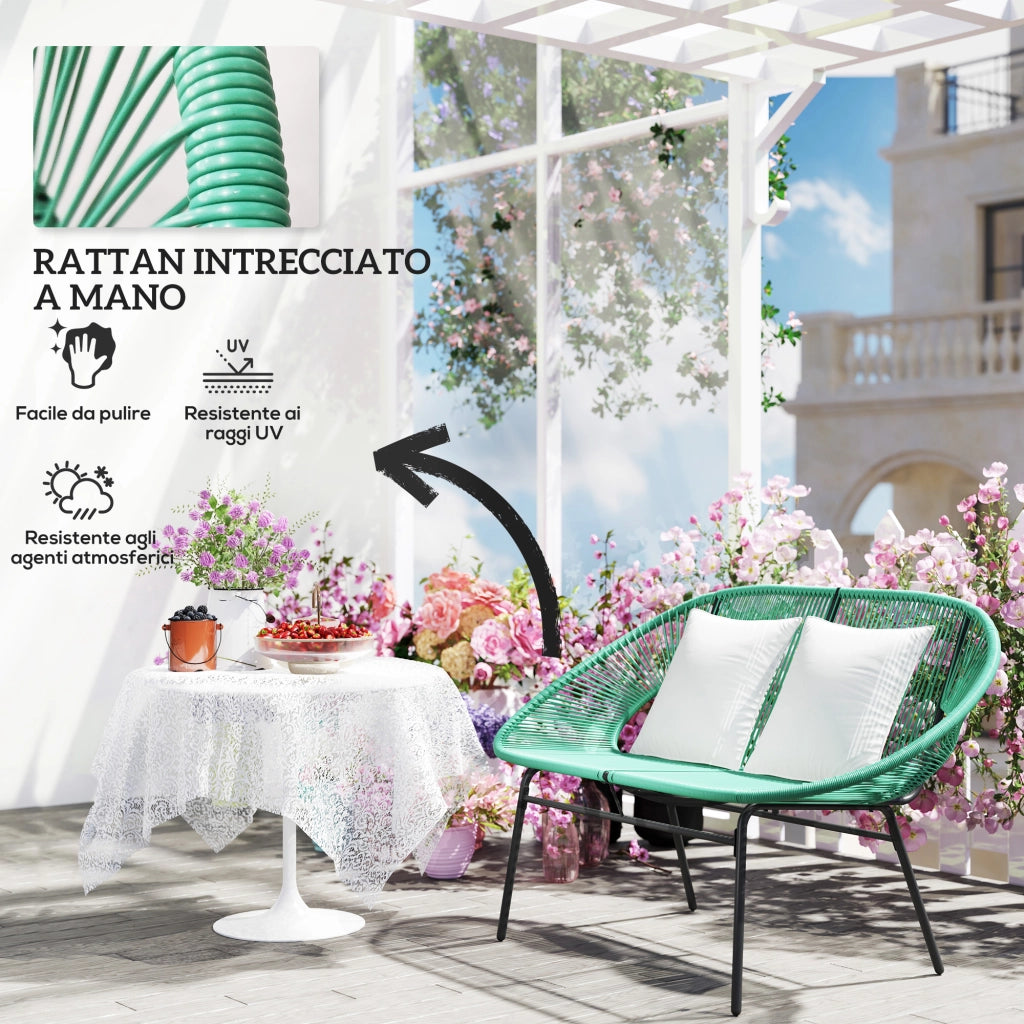 Divano da Giardino 2 Posti 132x72x83 cm con Cuscini e Braccioli in Rattan PE e Acciaio Verde