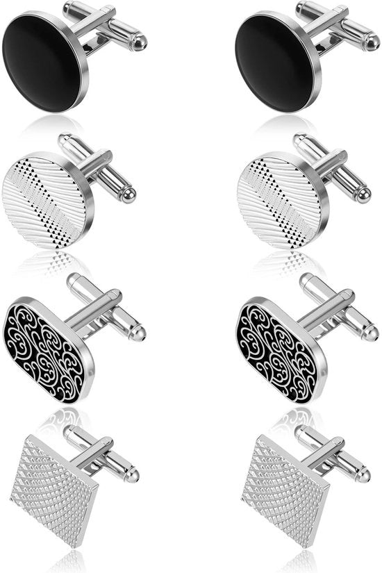 Manopole per cravatta Uomo - 4 Paia - Argento/Nero - Design Classico - Rond/Carré/Pattuglia - Adatto per Matrimoni/Ballate
