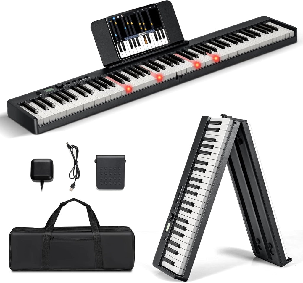 Tastiera Elettronica 88 Tasti Semi-Pesati Illuminati, Pianoforte Digitale Pieghevole Portatile con Custodia, Sustain Pedali, Modalità di Insegnamento, MP3/USB/MIDI/Bluetooth (Nero)