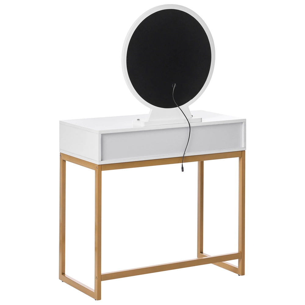 Toeletta con 4 cassetti specchio LED bianco e oro e sgabello camera da letto elegante