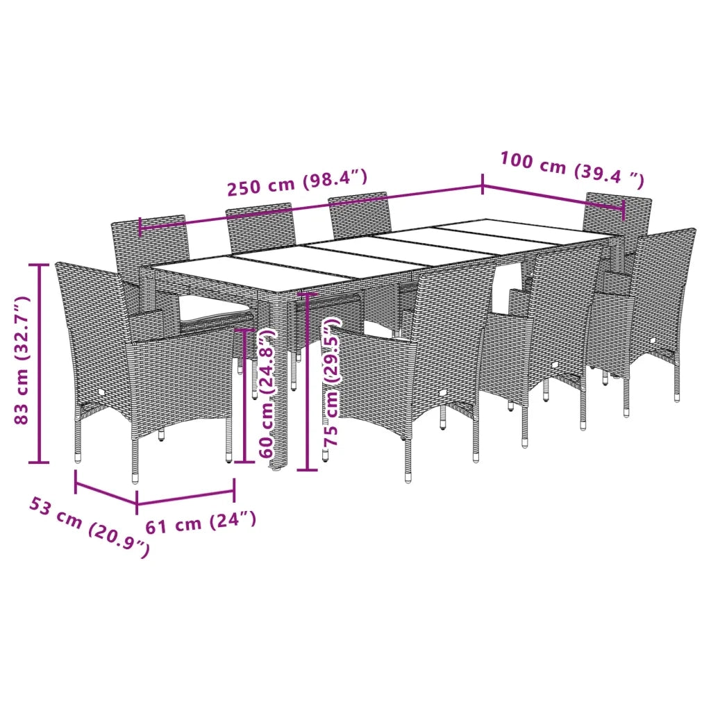 Set da Pranzo da Giardino 9 pz con Cuscini Polyrattan e Vetro 3278737