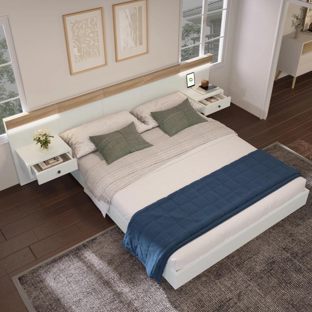 LETTO 140x200 cm con 2 comodini LED, USB/Tipo C, Bianco e Rovere Sonoma