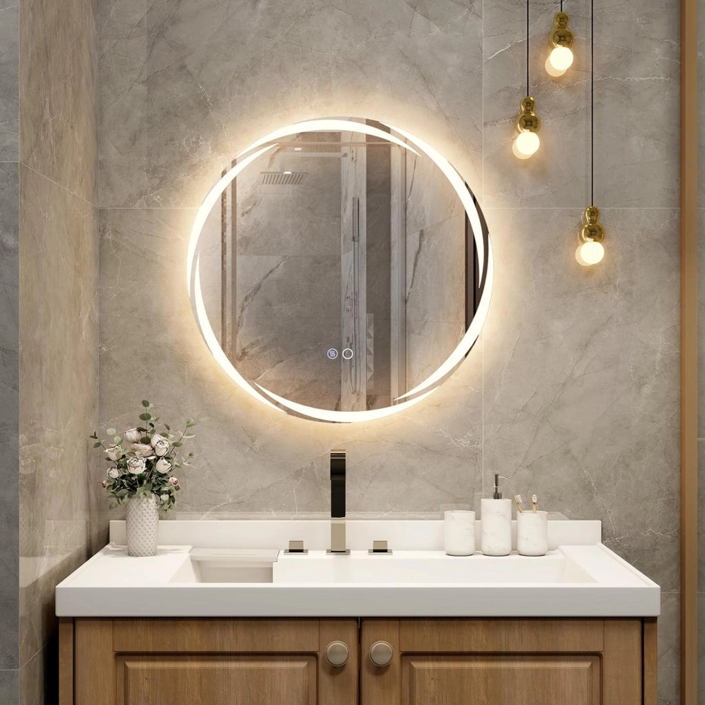 Specchio da Parete 60 x 60cm, Specchio da Bagno Rotondo con Luci Led a 3 Colori, Interruttore a Sfioramento Anti-Appannamento, Funzione di Memoria e Motivo a Onda, IP44