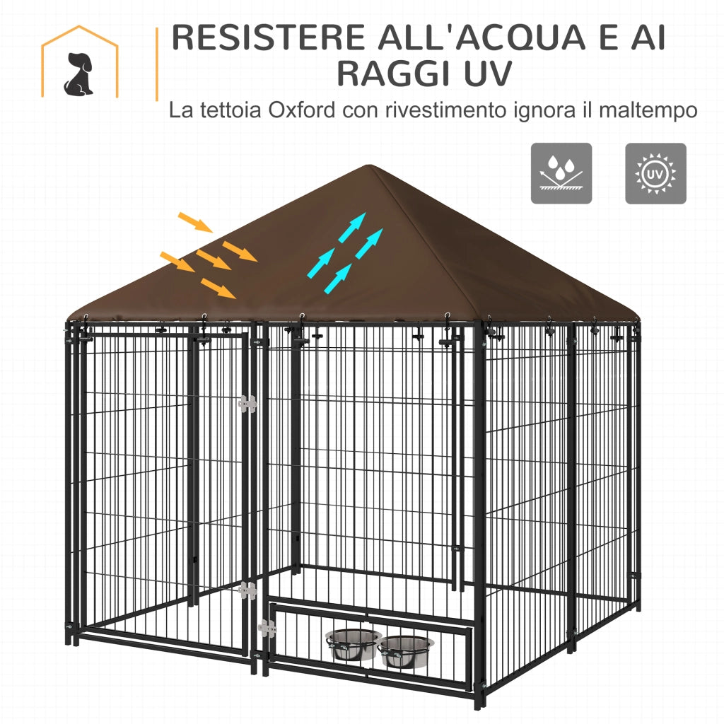 Recinto per Cani in Metallo e Tessuto ¨C Minimal ¨C Nero e Marrone 141x141x151 cm