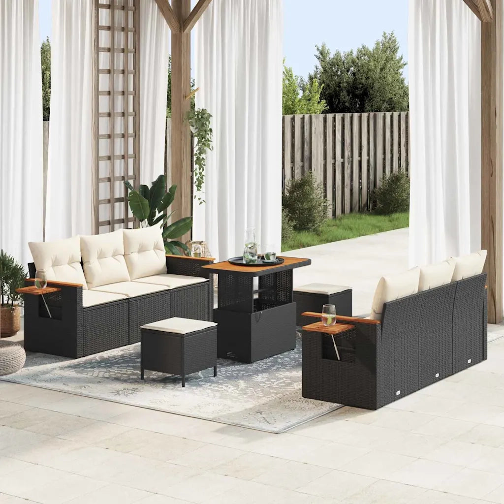 Set Divano da Giardino con cuscino 9 pcs Nero e Crema