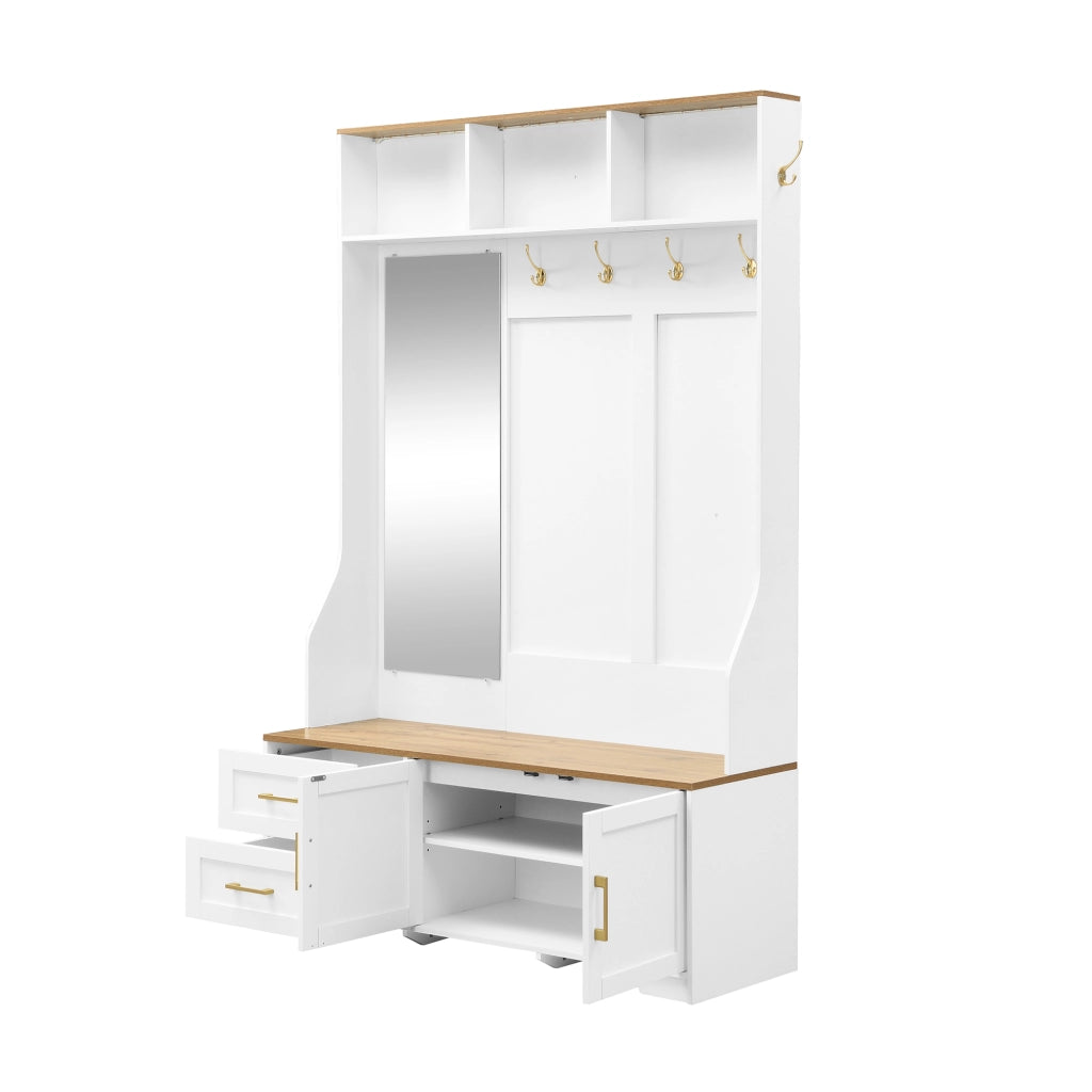 Armadio guardaroba da ingresso con scarpiera, specchio, LED, ganci e cassetti 120x40x187 cm bianco effetto legno