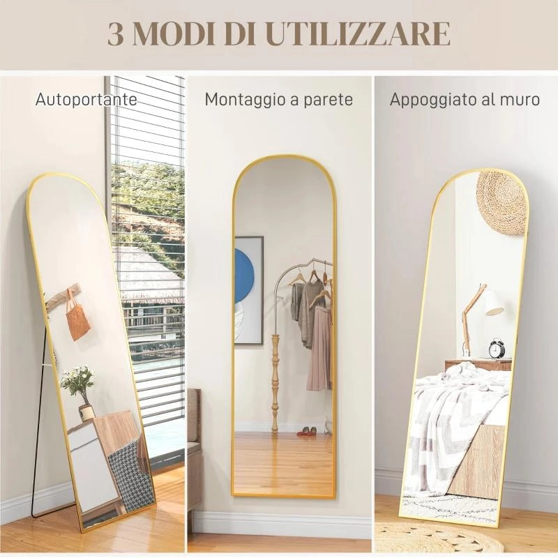 SPECCHIO DA TERRA E PARETE MODERNO IN LEGA DI ALLUMINIO CON SUPPORTO PIEGHEVOLE, 50X170CM, ORO
