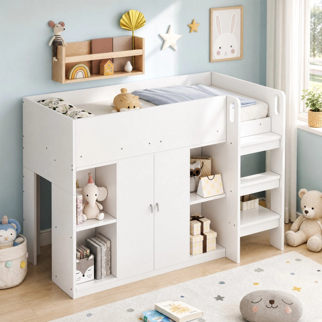 Hochbett 90x200 cm con scaffali, armadio e scala, bianco/grigio