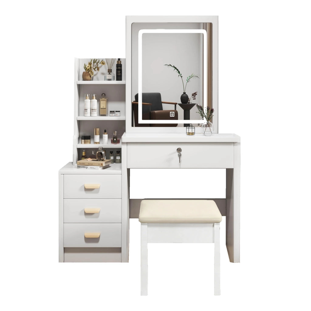 Tavolo Trucco con Specchio Illuminato e Sgabello, 4 Cassetti, Luce 3 Colori ¨C MINIMAL ¨C Bianco 85x130x36cm