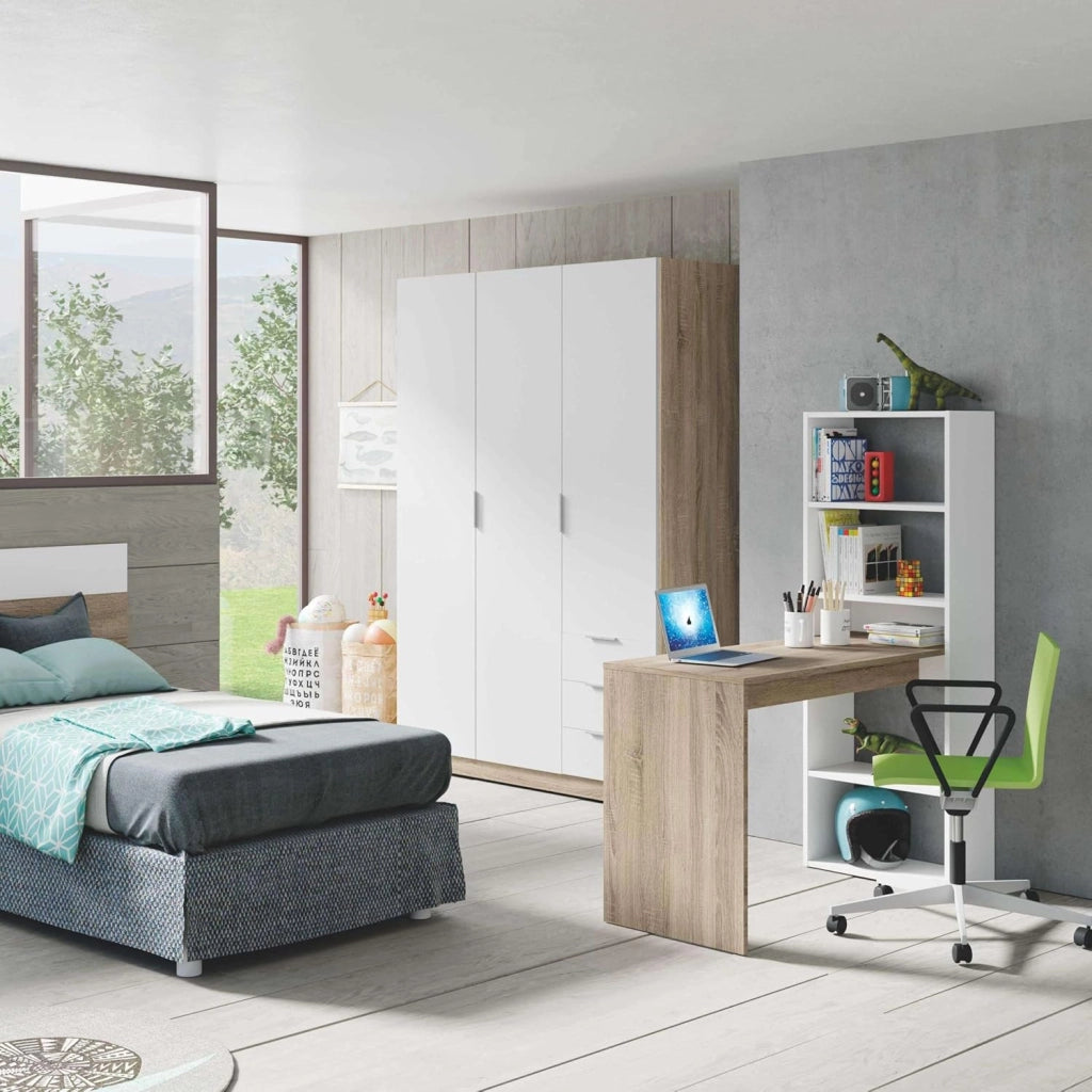 Habitdesign Duplo Computer PC o scrivania con ripiano Reversibile, Melammina, Bianco e Rovere Canadese, 120 x 53 x 144 cm