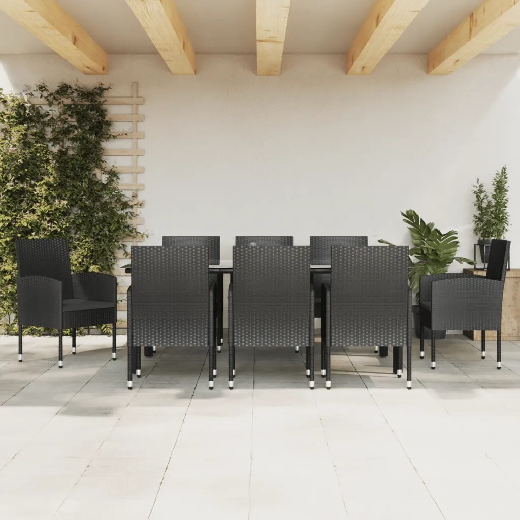 Set da Pranzo da Giardino 9 pz Nero in Polyrattan e Acciaio