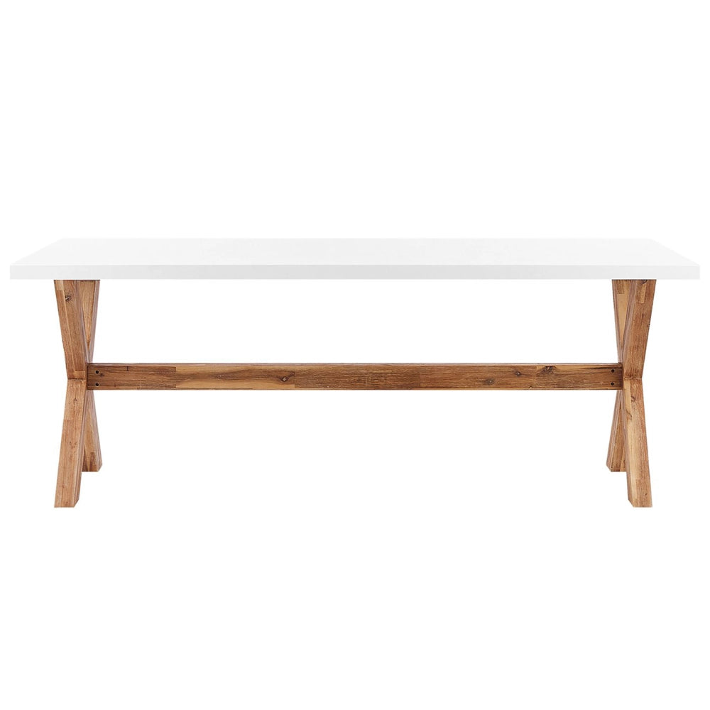 Set da Esterno con Tavolo in Cemento Sintetico  bianco e beige e 6 Sedie in Vimini
