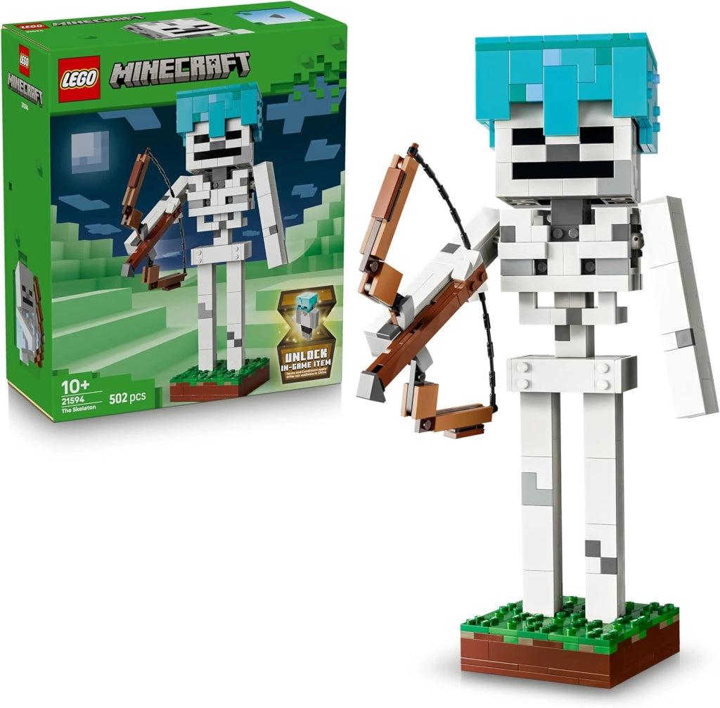 LEGO Minecraft Scheletro Giocattolo - Action Figure di Mob con Elmo di Diamante, Arco e Frecce e Base in Erba - Eta 10+