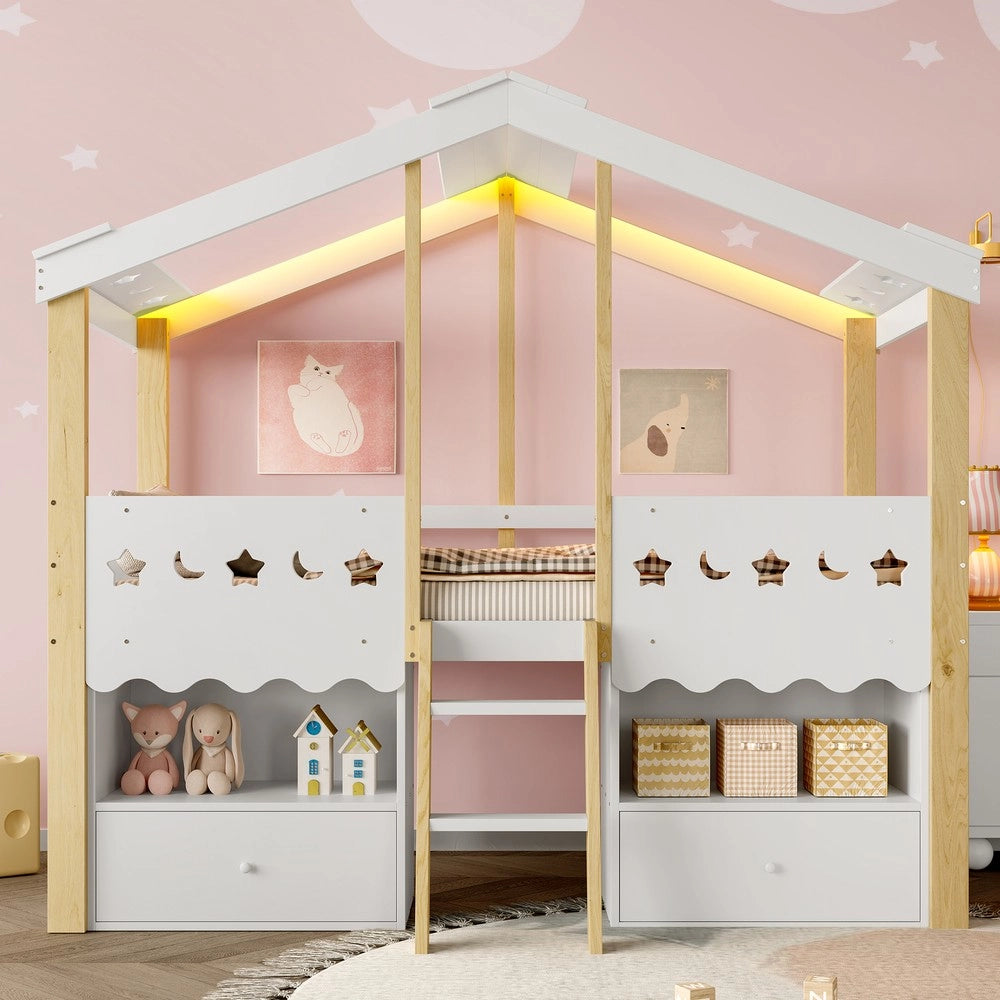 Letto a Soppalco con LED e Cassetti ¨C MINIMAL ¨C Bianco, 90x200 cm