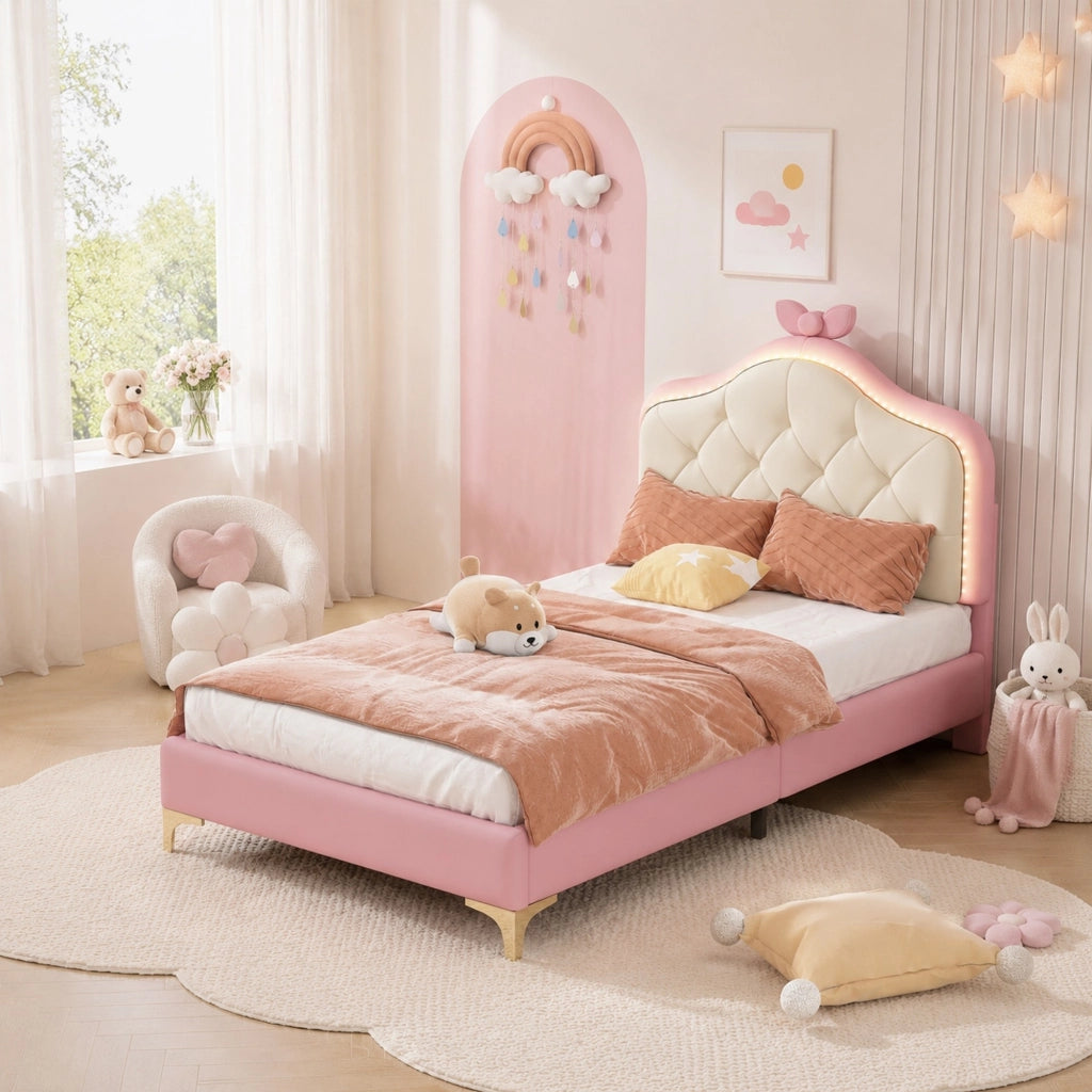 LETTO Imbottito 90x200 cm PU Bianco/Rosa con testiera ondulata e LED