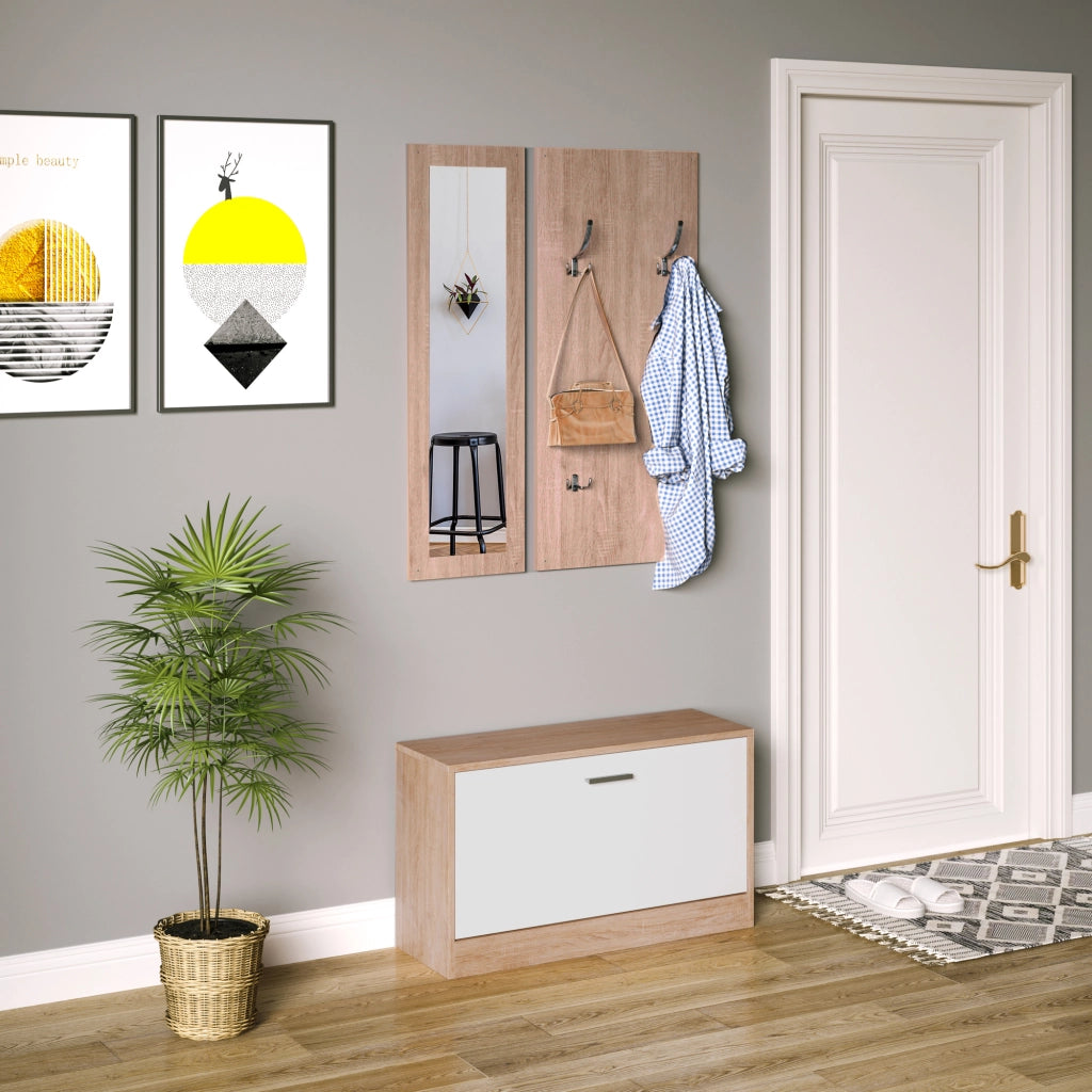 Mobile per Ingresso con Scarpiera, Appendiabiti e Specchio ¨C Minimal ¨C Legno, 80x27x46.5 cm