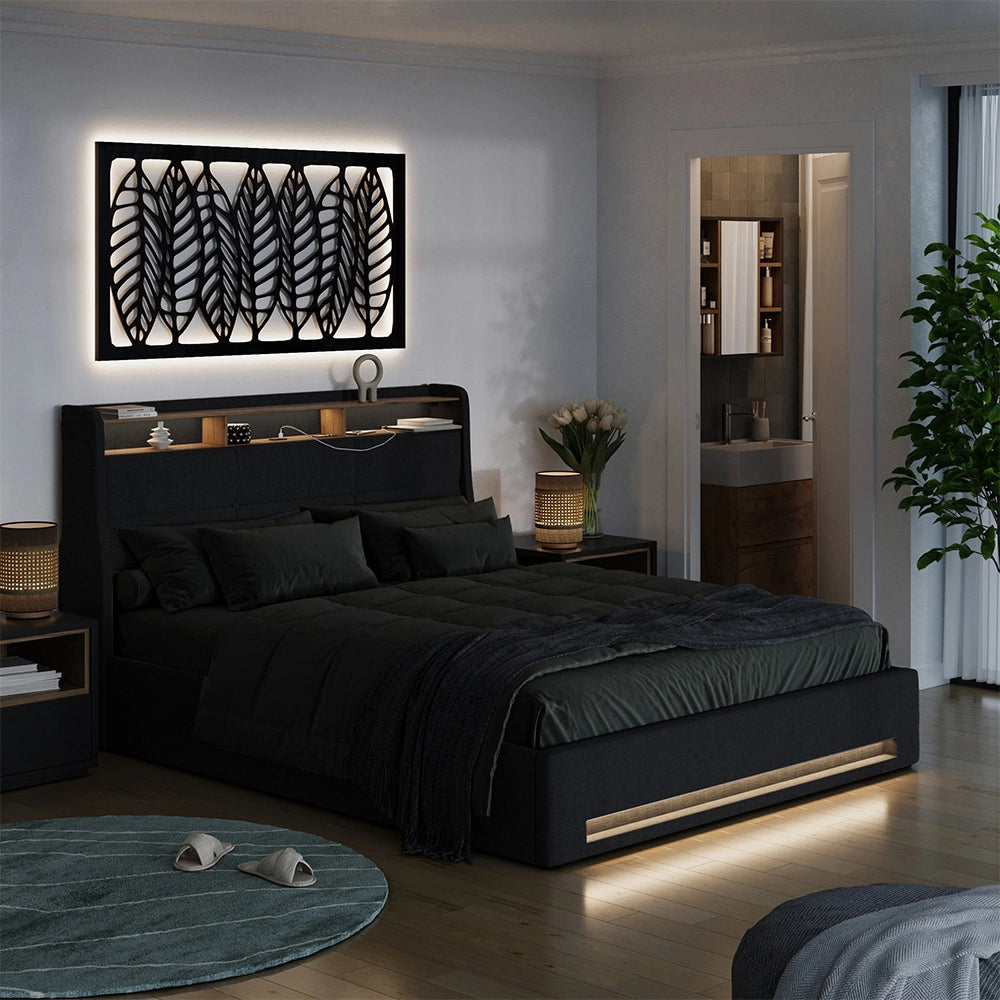 Vitalispa Letto imbottito Antracite/quercia 160x200 con LED e porta USB