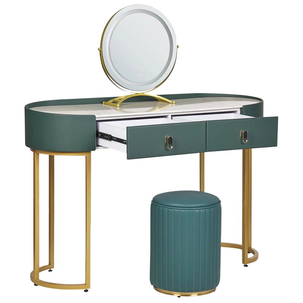 Toeletta con 2 cassetti specchio LED verde e oro con sgabello camera da letto elegante