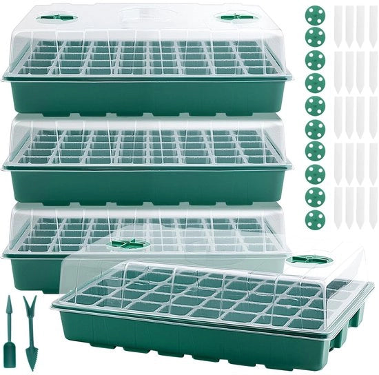 Set di contenitori per semi 4 pezzi - Cassetta per semi 160 celle - Materiale plastico - Ventiatori regolabili - Coperture trasparenti - Dimensioni 38 x 24,5 x 12 cm - Scatola per semi