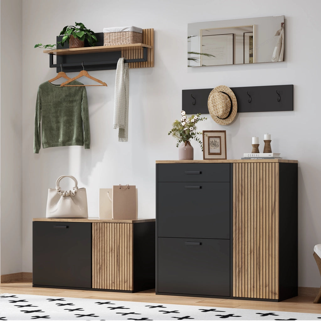 Set da ingresso a 5 pezzi con 2 mobili, specchio, mensola e 4 ganci, colore naturale e nero