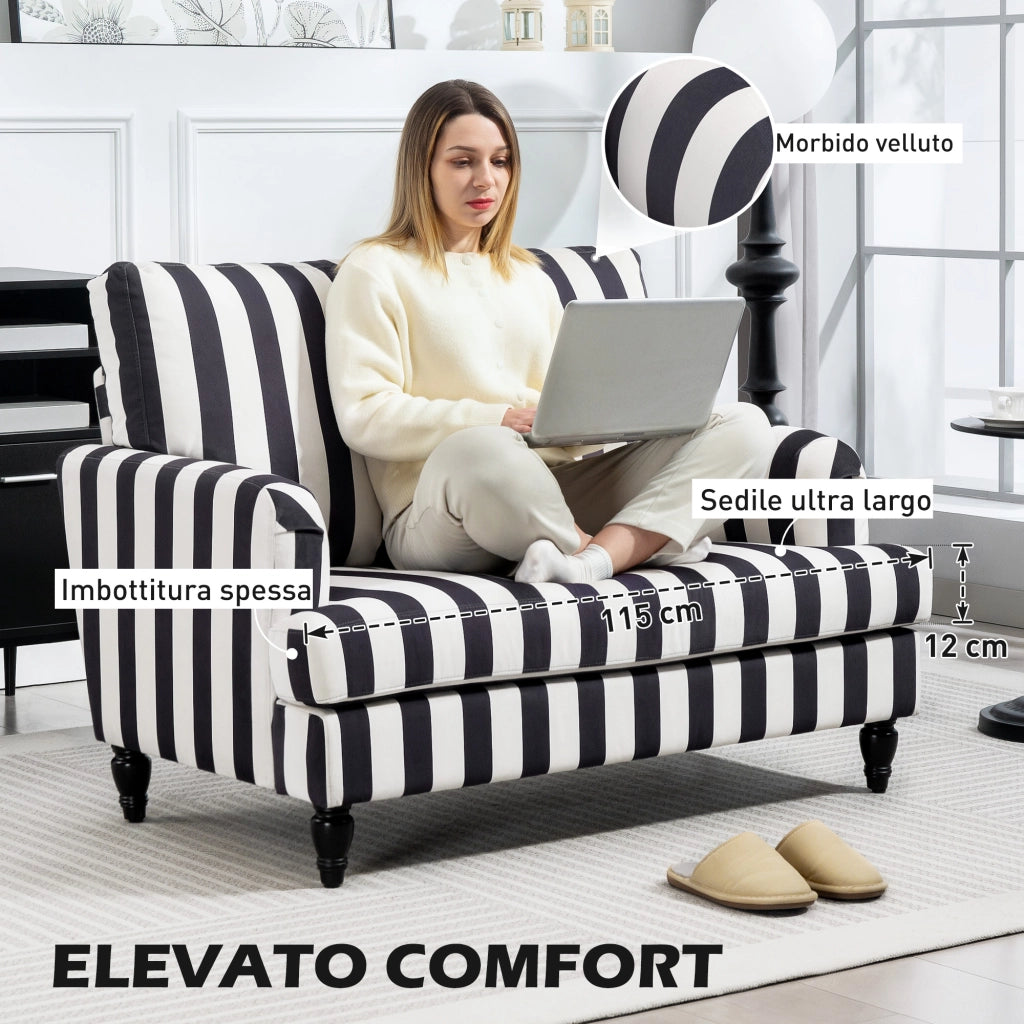 Poltrona da Salotto 115x82x82 cm con Seduta Ampia in Velluto a Righe con Molle a S Nero e Bianco