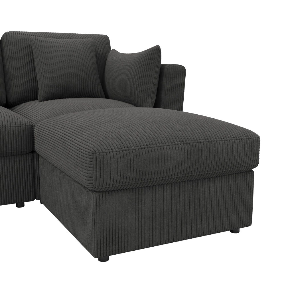 Divano modulare angolare U in corduroy grigio, 4-6 posti, con pouf spostabili e braccioli regolabili