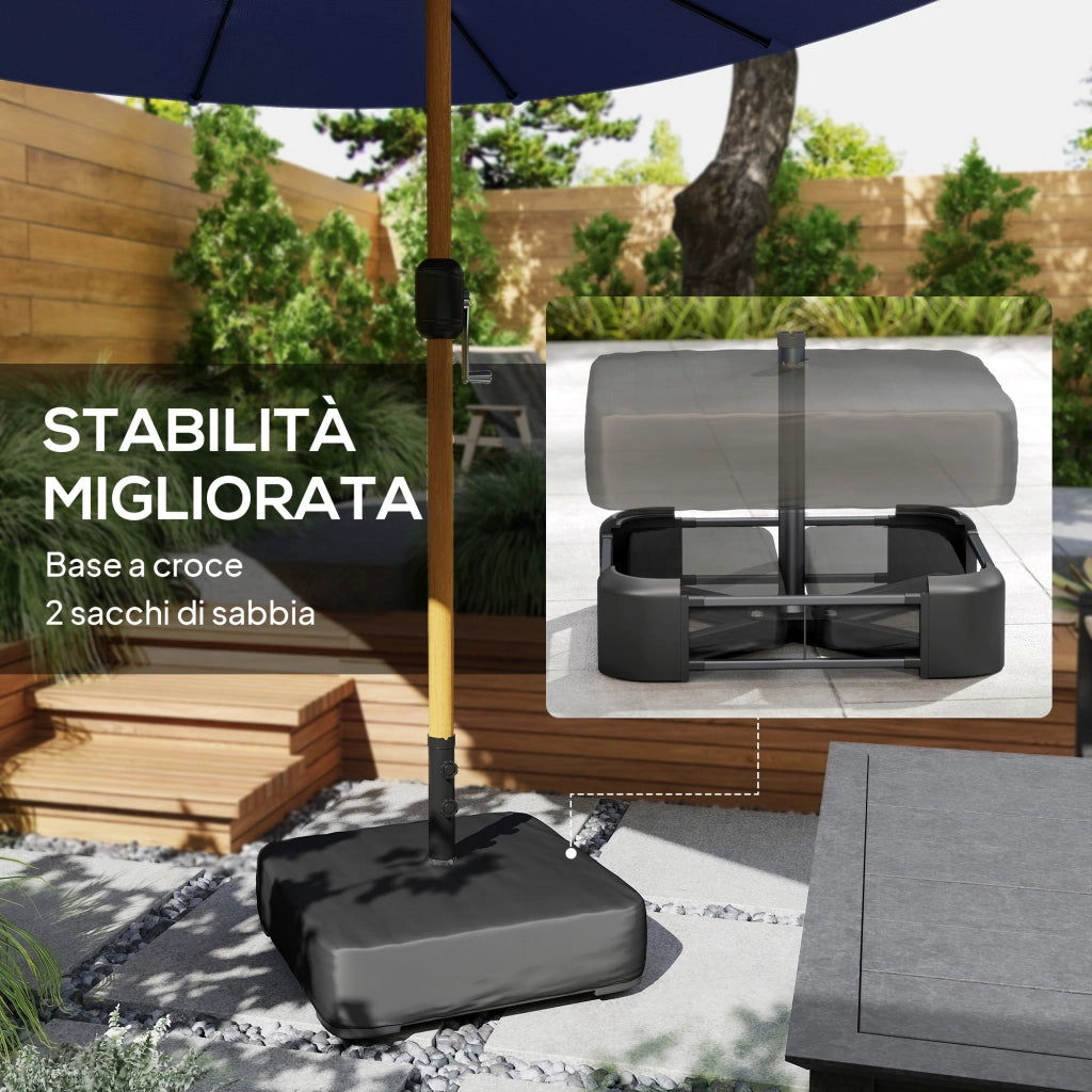 Ombrellone Doppio 467x281x238 cm a 12 Stecche con Manovella Base a Croce e Sacchi di Sabbia Blu Scuro