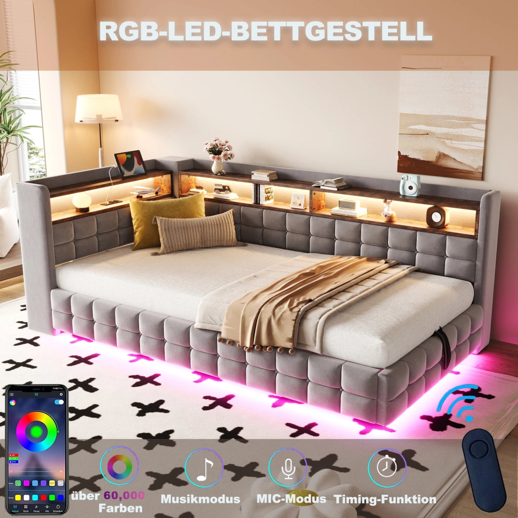 LETTO Contenitore 90x200 cm in velluto grigio chiaro con LED e prese USB/Type-C