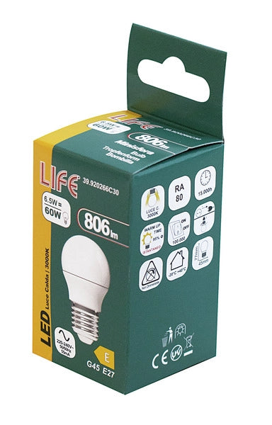 LAMPADA LED MINISFERA G45 LIFE ELECTRONICS 175-250V 6,5W 806lm 3000K E27