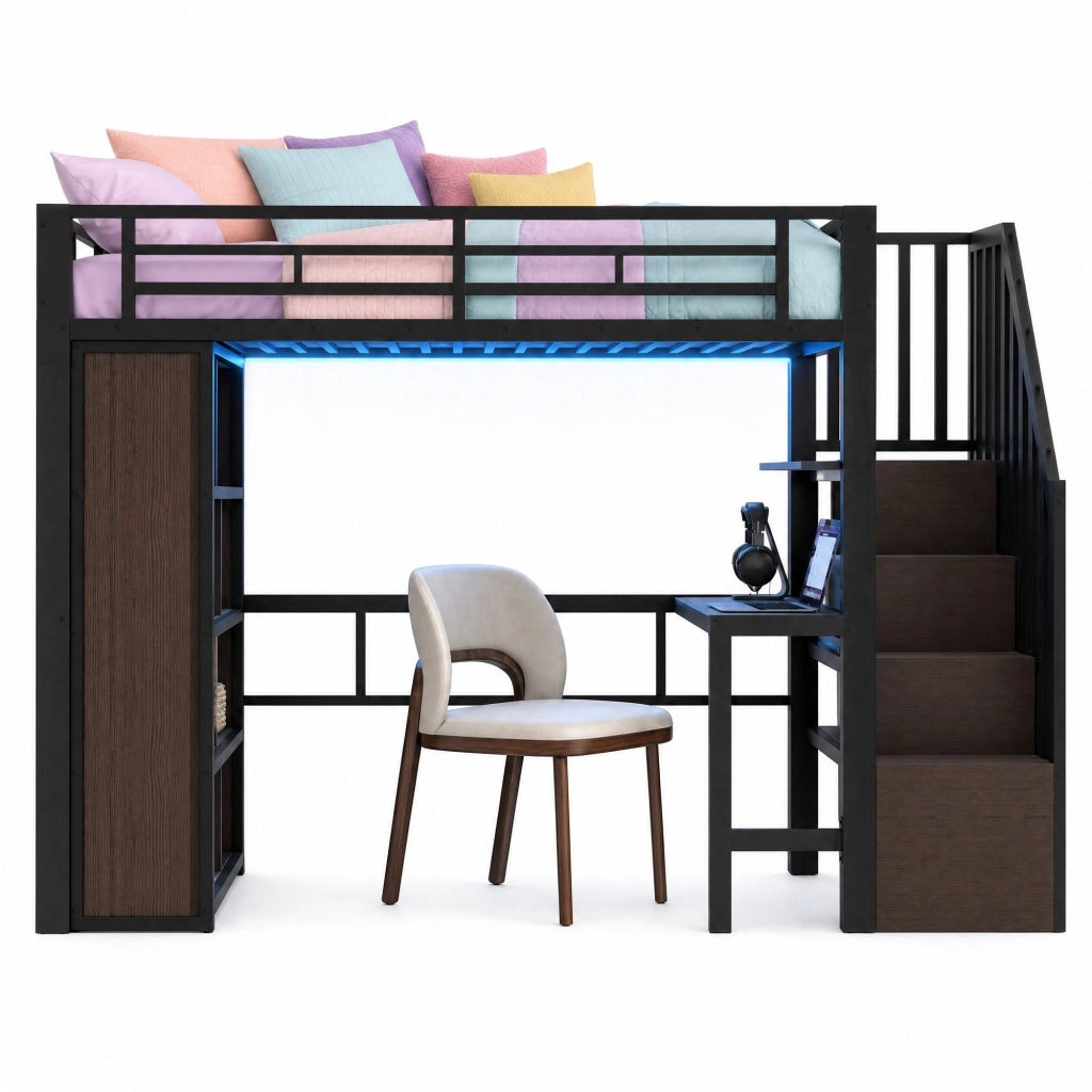 Letto a soppalco 90x200 cm con scrivania; ripiani; scala contenitore e LED; nero