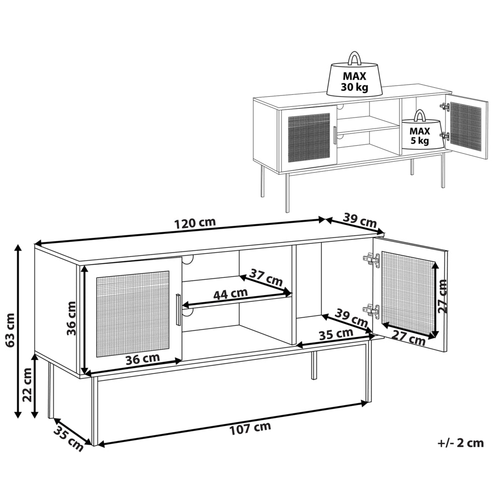 Mobile TV a 2 Ante in Rattan e Gambe in Metallo 120 x 63 cm Legno Chiaro