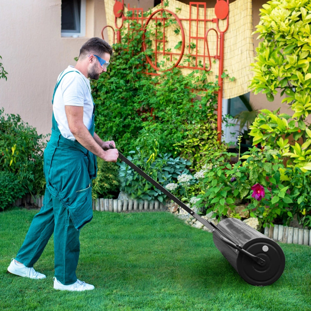Rullo per prato in metallo con gancio per il traino e impugnatura staccabile, Rullo compattatore da giardino Nero