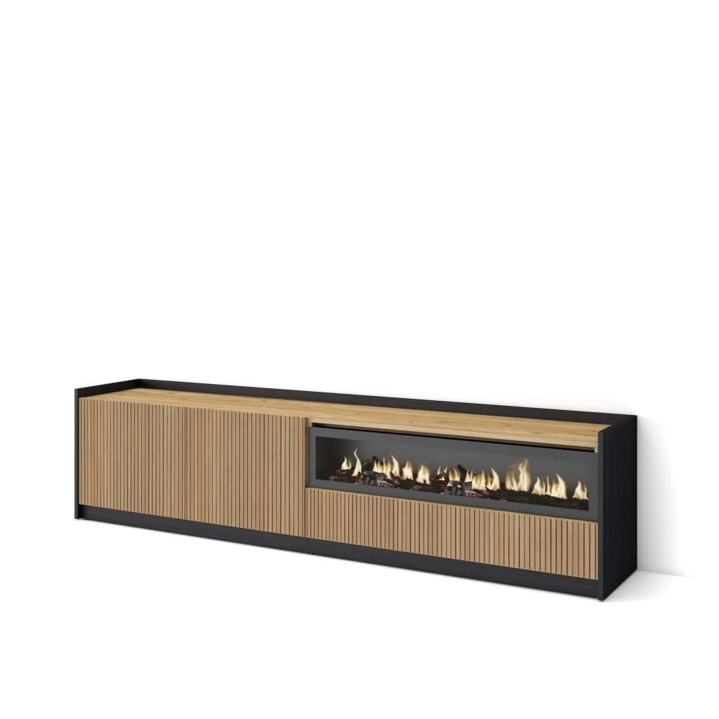 Mobile TV Soggiorno, 207x50x37 cm, Per TV fino a 80", Camino elettrico, Rovere e nero