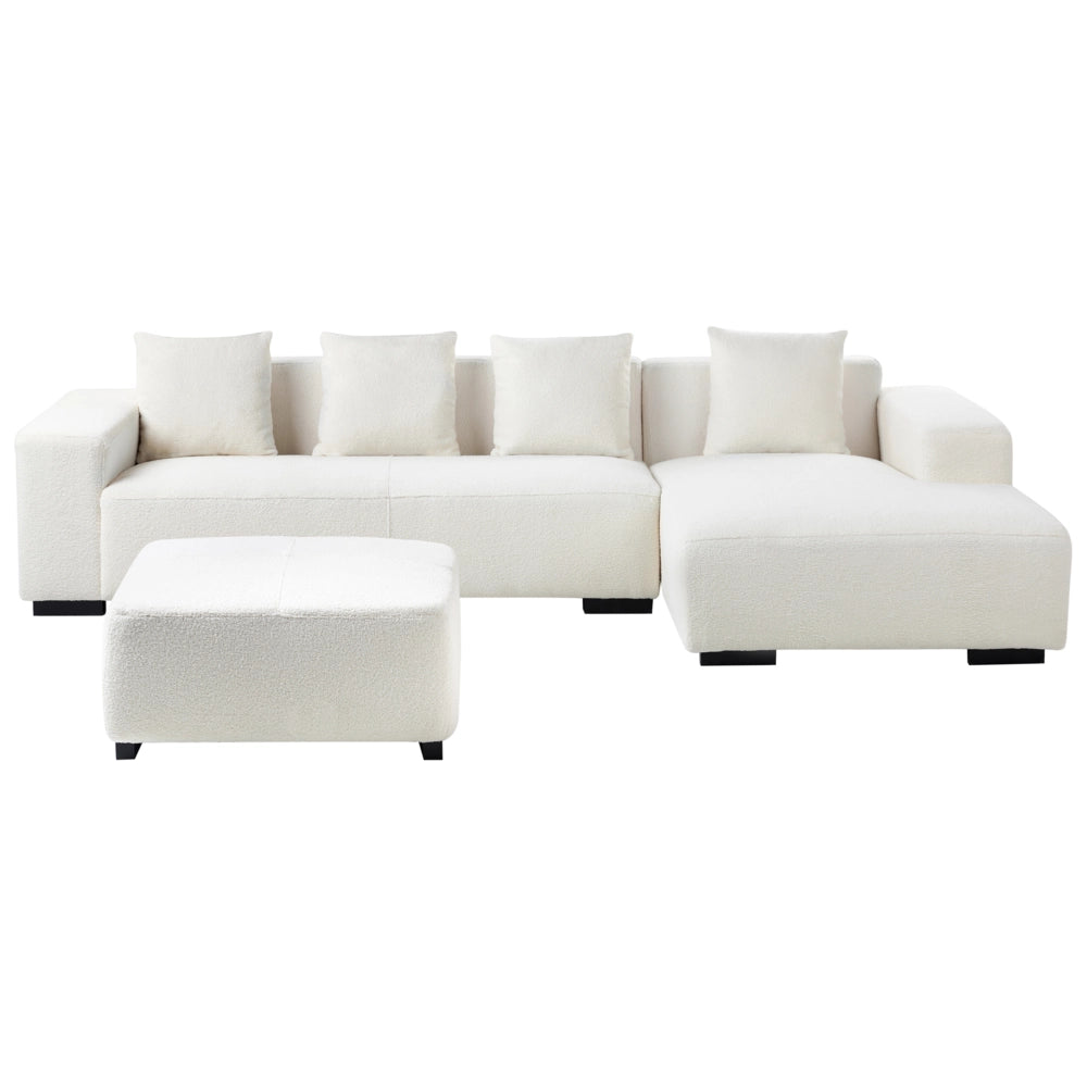 Divano angolare a L con cuscini 4 posti in tessuto bouclè bianco con ottomana versione a sinistra stile elegante moderno