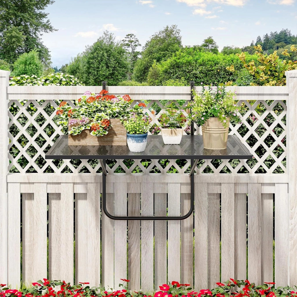 Tavolino da Balcone, Tavolino Sospeso Pieghevole con Struttura in Metallo, Tavolo Salvaspazio da Ringhiera per Patio e Terrazzo, Portata 23 kg, 60,5 x 50,5 x 51 cm
