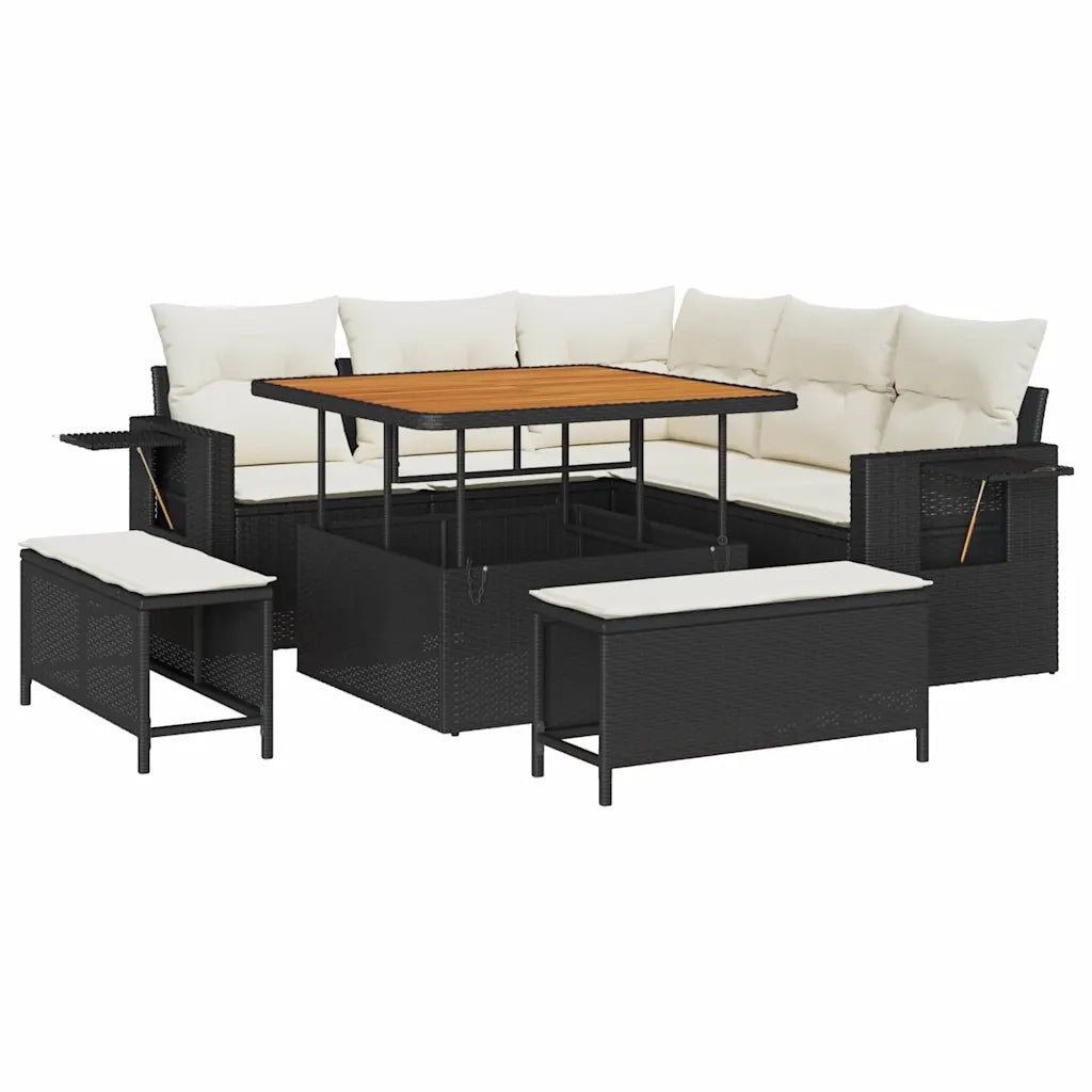 Set Divano da Giardino 9 pcs Nero e Crema polyrattan