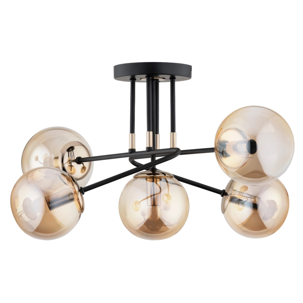 Plafoniera glamour nero-oro, sfere ambra 5xE14 Alfa Ester