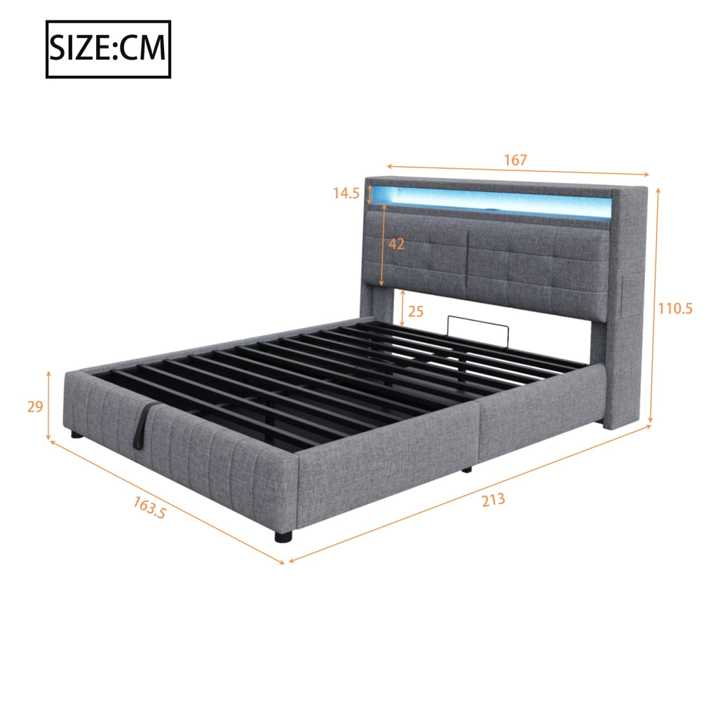 LETTO Imbottito 160x200 cm Grigio in lino con LED, USB e contenitore