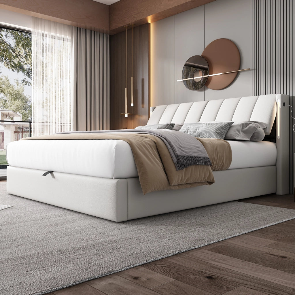 LETTO Contenitore 140x200 cm PU Bianco con LED e rete a doghe