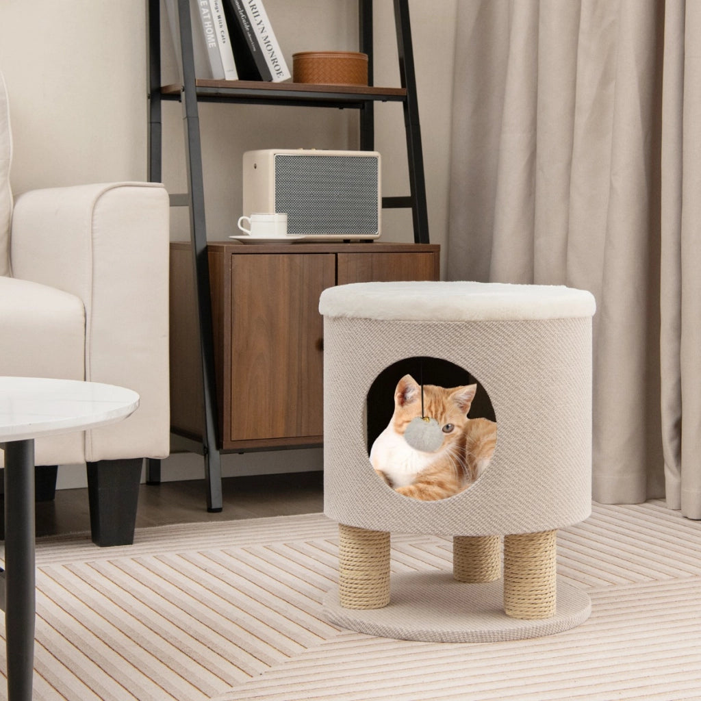 Sgabello nicchia per gatti con pali tiragraffi e pallina di peluche, Casetta per animali domestici multiuso Beige