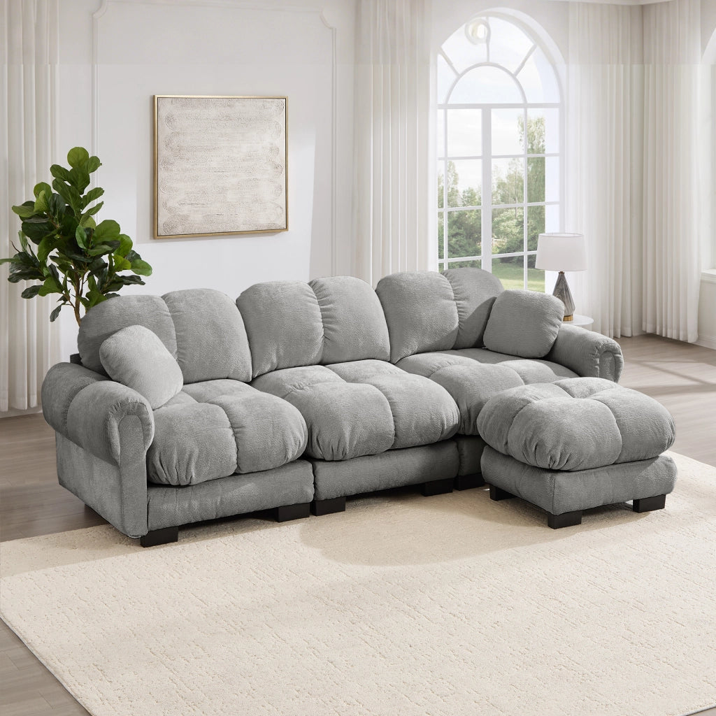 Divano angolare 3 posti con pouf mobile e cuscino, in Chenille, Grigio chiaro