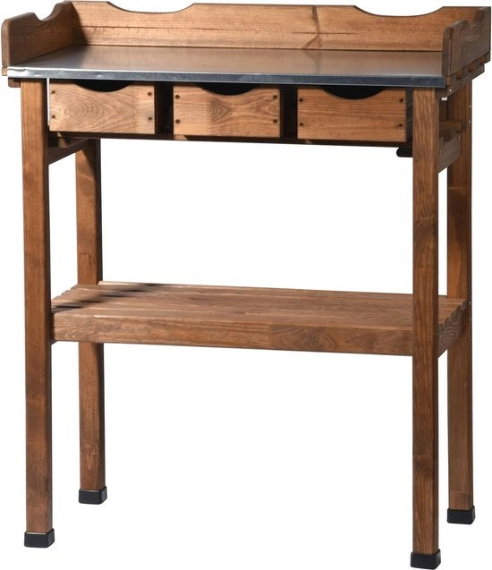 Tavolo per piante con 3 ante mobili e piano di appoggio - Tavolo in legno massello - Piattaforma in lamiera zincata 80 x 40 x 90 cm