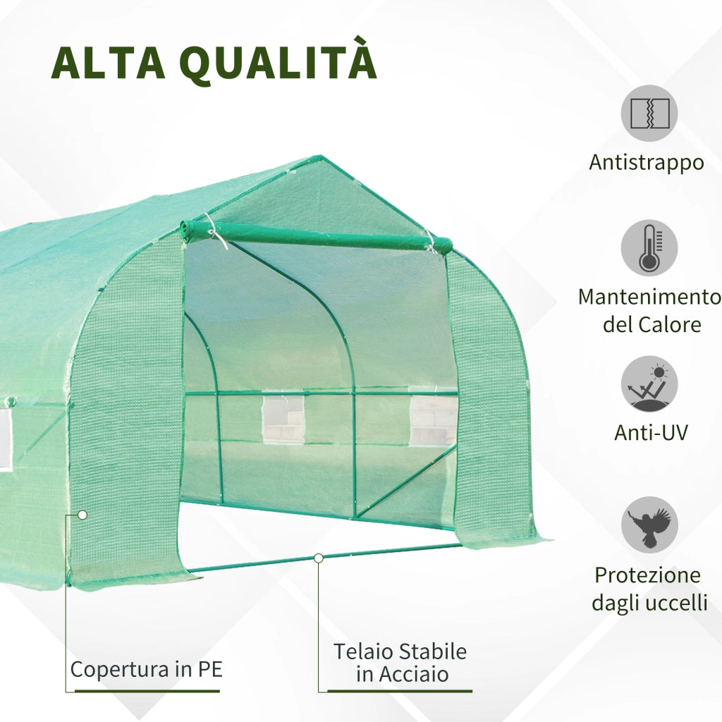 EasyComfort Serra a Tunnel con 8 Finestrelle Laterali e Ingresso Avvolgibile, in PE e Acciaio, 6x3x2 m, Verde