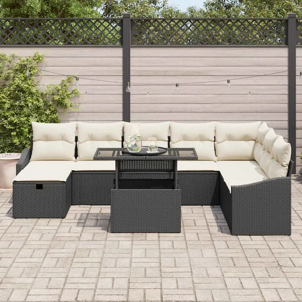Set Divano da Giardino con cuscino 9 pcs Nero Poly Rattan
