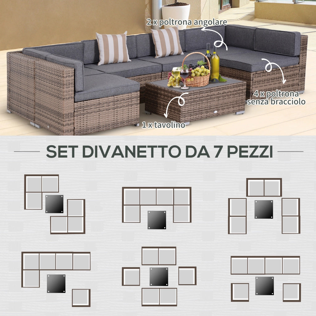 Set Salotto Giardino 7 Pezzi Rattan ¨C Xylo ¨C Divano Modulabile con Tavolino e Cuscini Grigio
