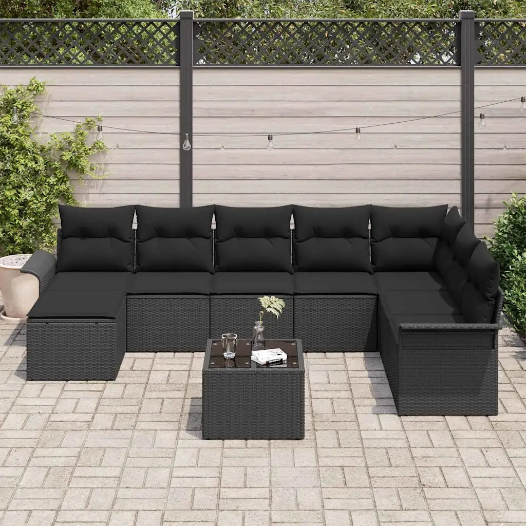 Set Divano da Giardino con cuscino 9 pcs Nero polyrattan