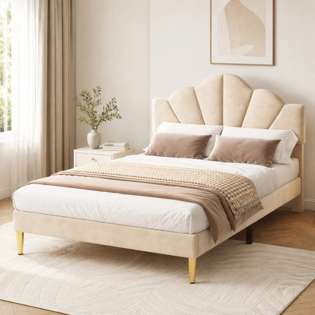 LETTO imbottito 140x190 cm in velluto beige