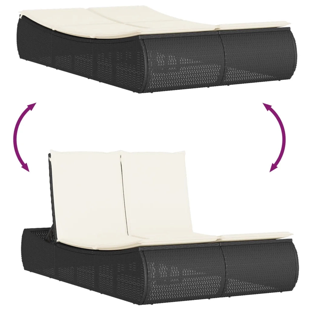 Lettino Prendisole Doppio con Cuscini Nero in Polyrattan 368090