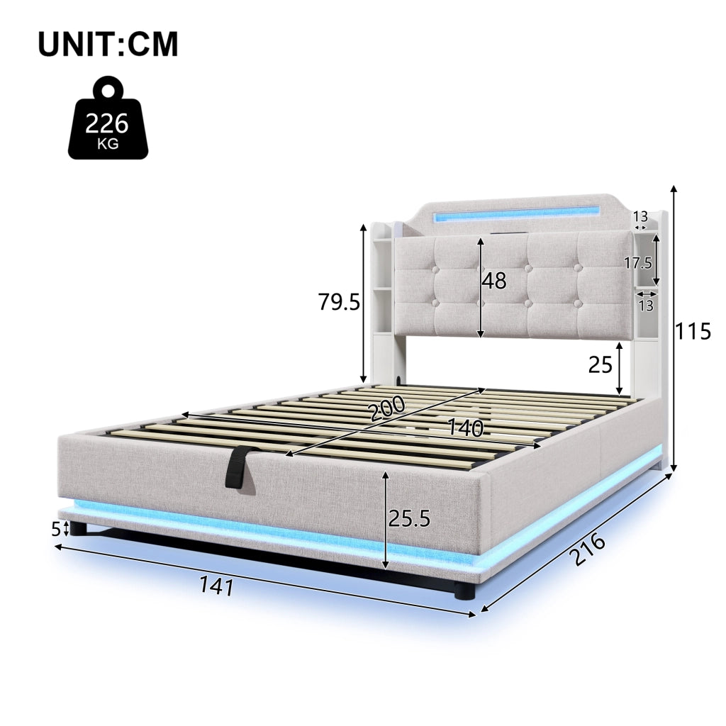 LETTO imbottito 140x200 cm in lino beige con LED e contenitore idraulico