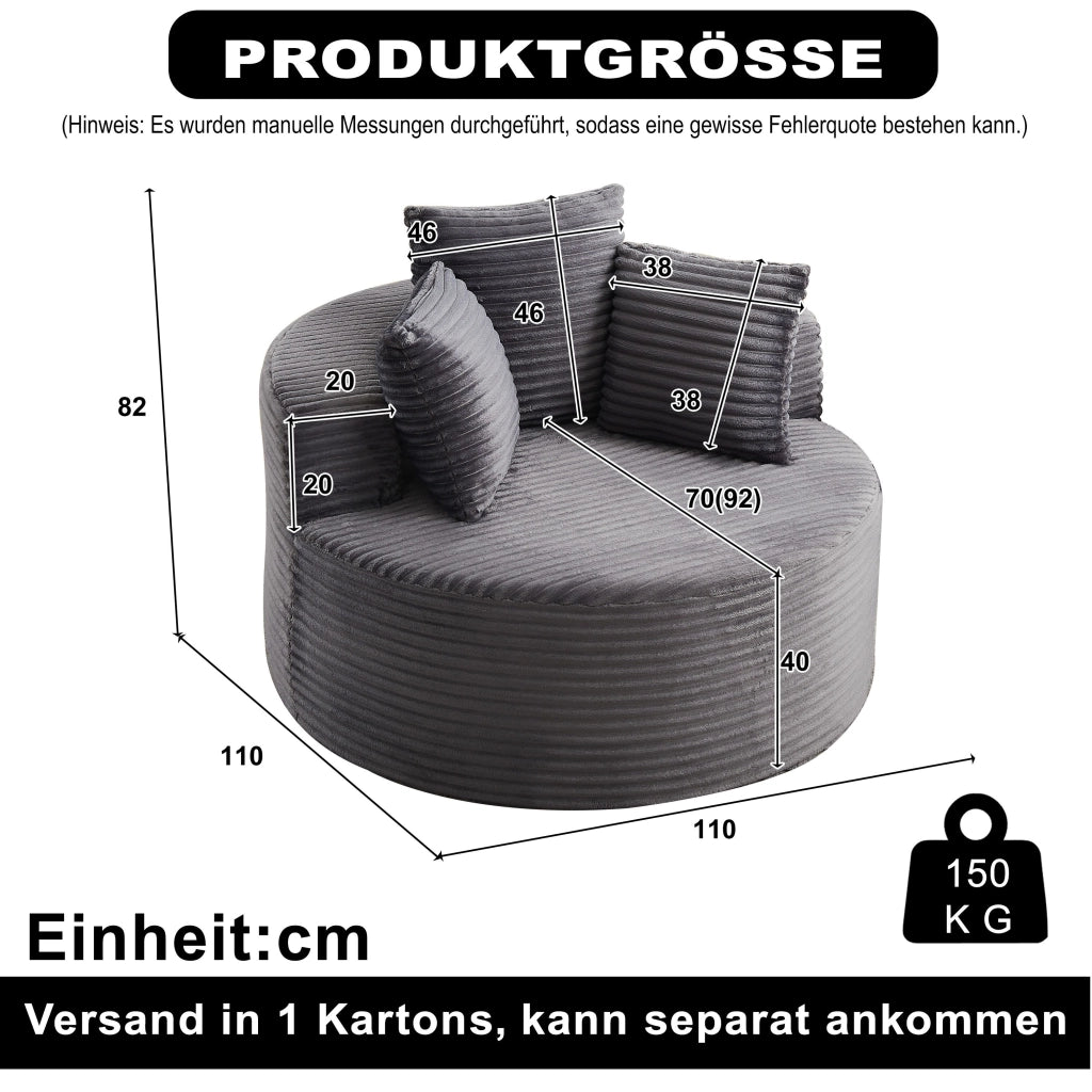 Poltrona a sacco, poltrona con braccioli, diametro 110 cm, velluto a coste, 3 cuscini, grigio (non richiede assemblaggio)